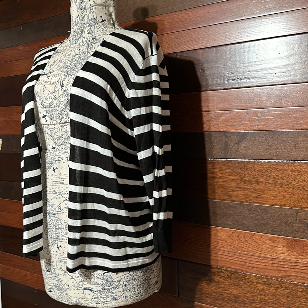 Worthington Open Front 3/4 Sleeve Black and White Striped Cardigan Sweater - Picture 5 of 10